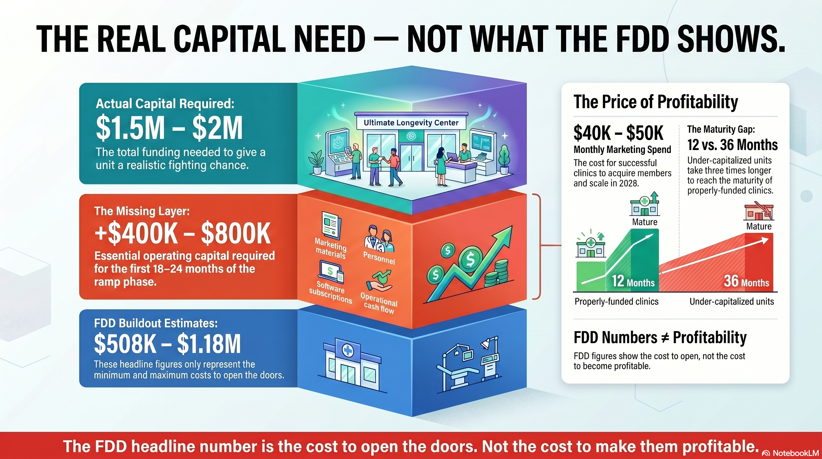 The real capital need vs the FDD headline — Ultimate Longevity Center FDD shows $508K to $1.18M total investment, but properly capitalizing a unit requires $1.5M to $2M total including $400K-$800K in operating capital for the first 18 to 24 months of ramp. Monthly marketing burn for scale is $40K to $50K. Under-capitalized franchises ($5K-$20K/month ad spend) take 36 months to reach the maturity properly-capitalized clinics reach in 12 months.