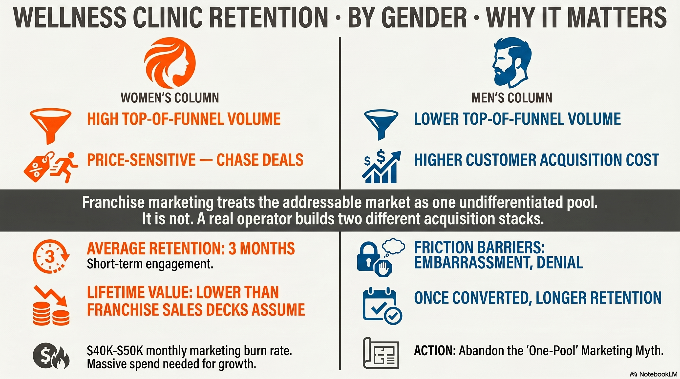 Wellness clinic retention by gender — why it matters. Women's column: high top-of-funnel volume, price-sensitive (chase deals), average retention 3 months, lifetime value lower than franchise sales decks assume. Men's column: lower top-of-funnel volume, higher customer acquisition cost, friction barriers (embarrassment, denial), once converted longer retention. Franchise marketing treats the addressable market as one undifferentiated pool. It is not. A real operator builds two different acquisition stacks.